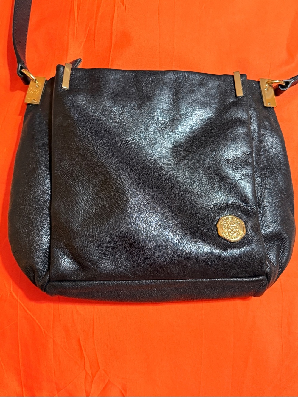 Vince Camuto Black Pebbled Leather Shoulder Bag with Gold Hardware